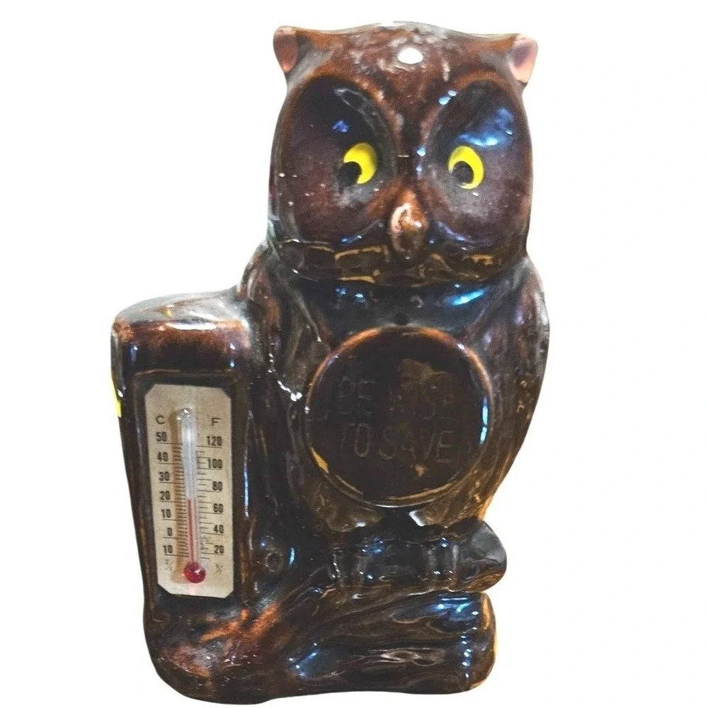 Vintage Bank Ceramic Owl Coin Brown With Thermometer
